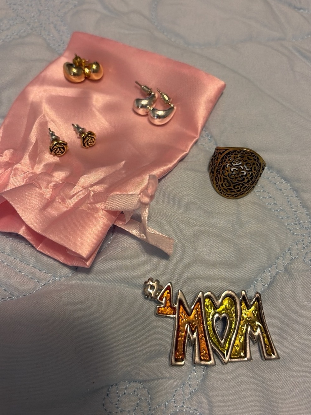 Mixed Metal Jewelry Lot - MOM Pin, Rings & Earrings